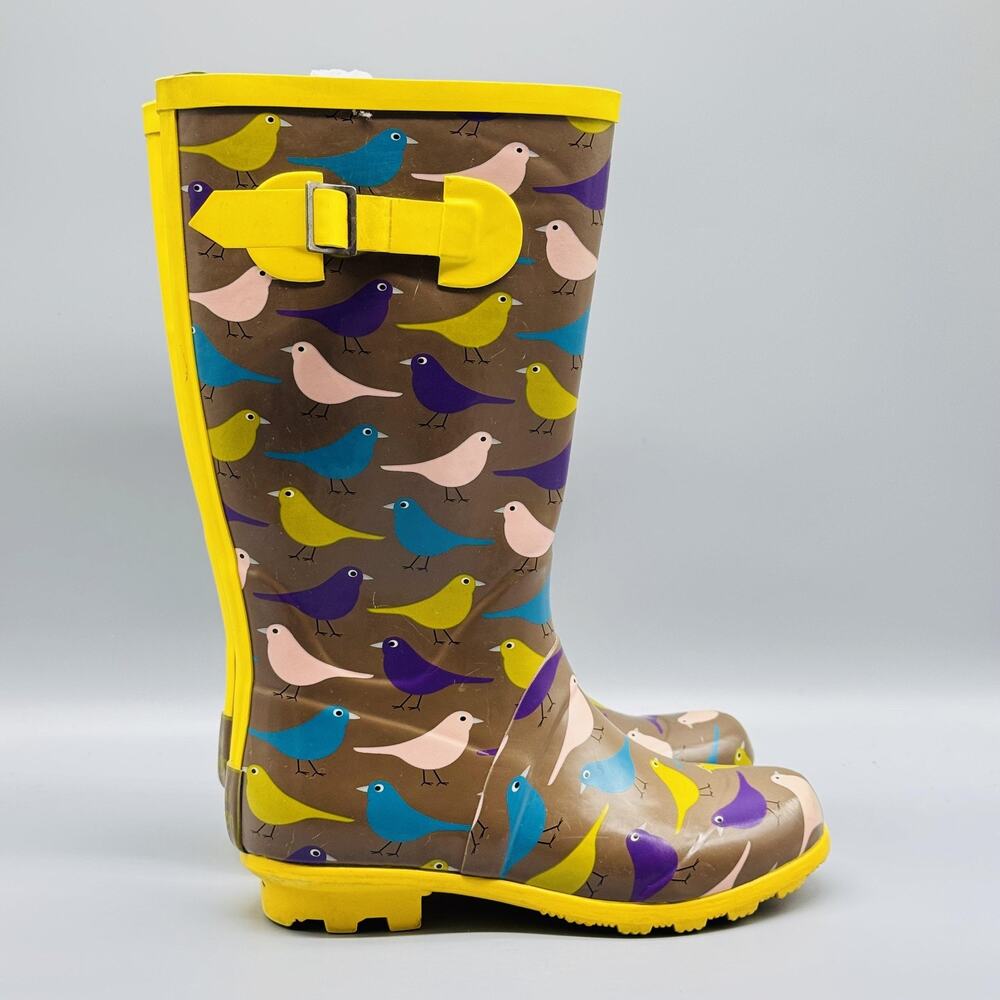 Mini Boden Boots Youth Girls 3 Yellow Brown Rain Bird Print Rubber Tall